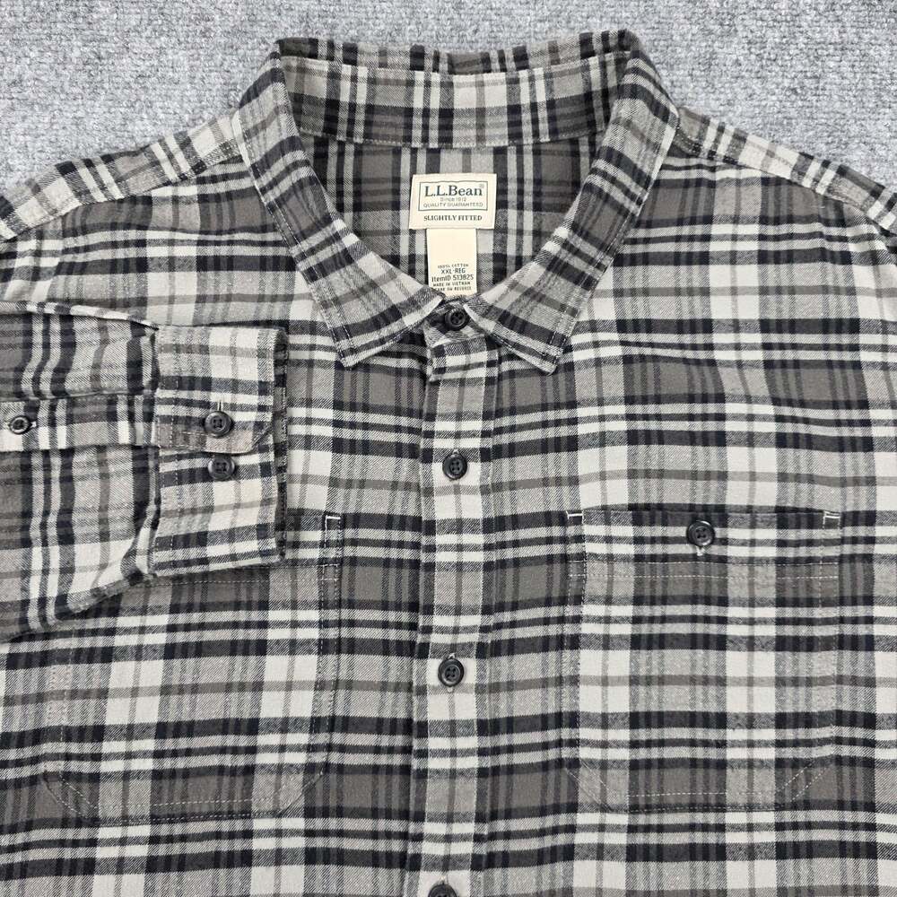 LL Bean Shirt Mens XXL Gray Black Plaid Slightly Fitted Cotton Flannel Button Up